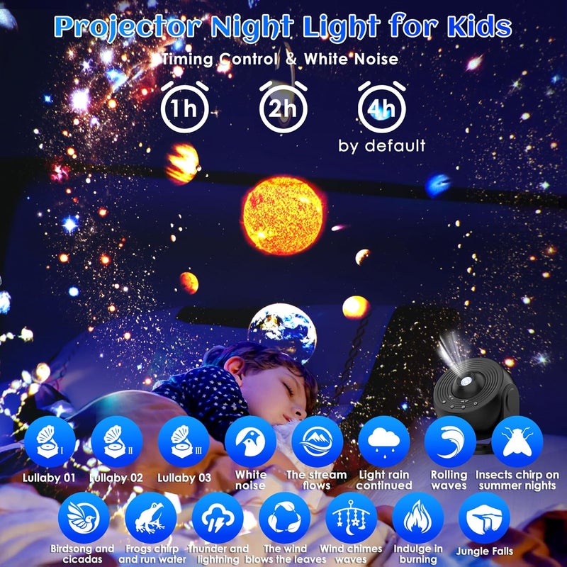 Ysonla Galaxy Projector for Bedroom Pro Version, HD 12 in 1 Film Discs Star Projector with Bluetooth Galaxy Light, Planetarium Projector with Timer, White Noise, 360 ° Rotation, Remote Control，Black - Image 3